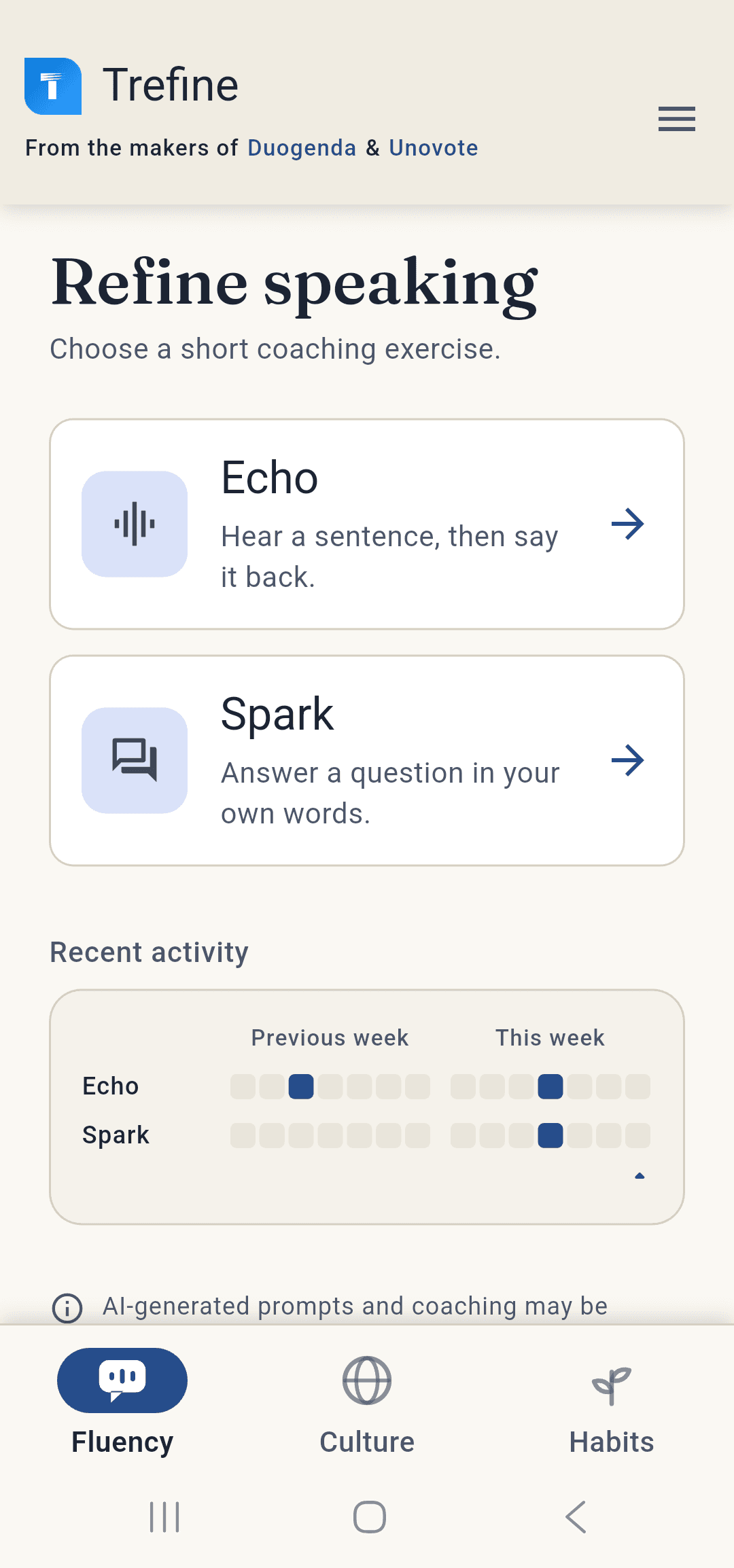 Fluency hub, showing the Echo and Spark speaking drills and a week of practice activity