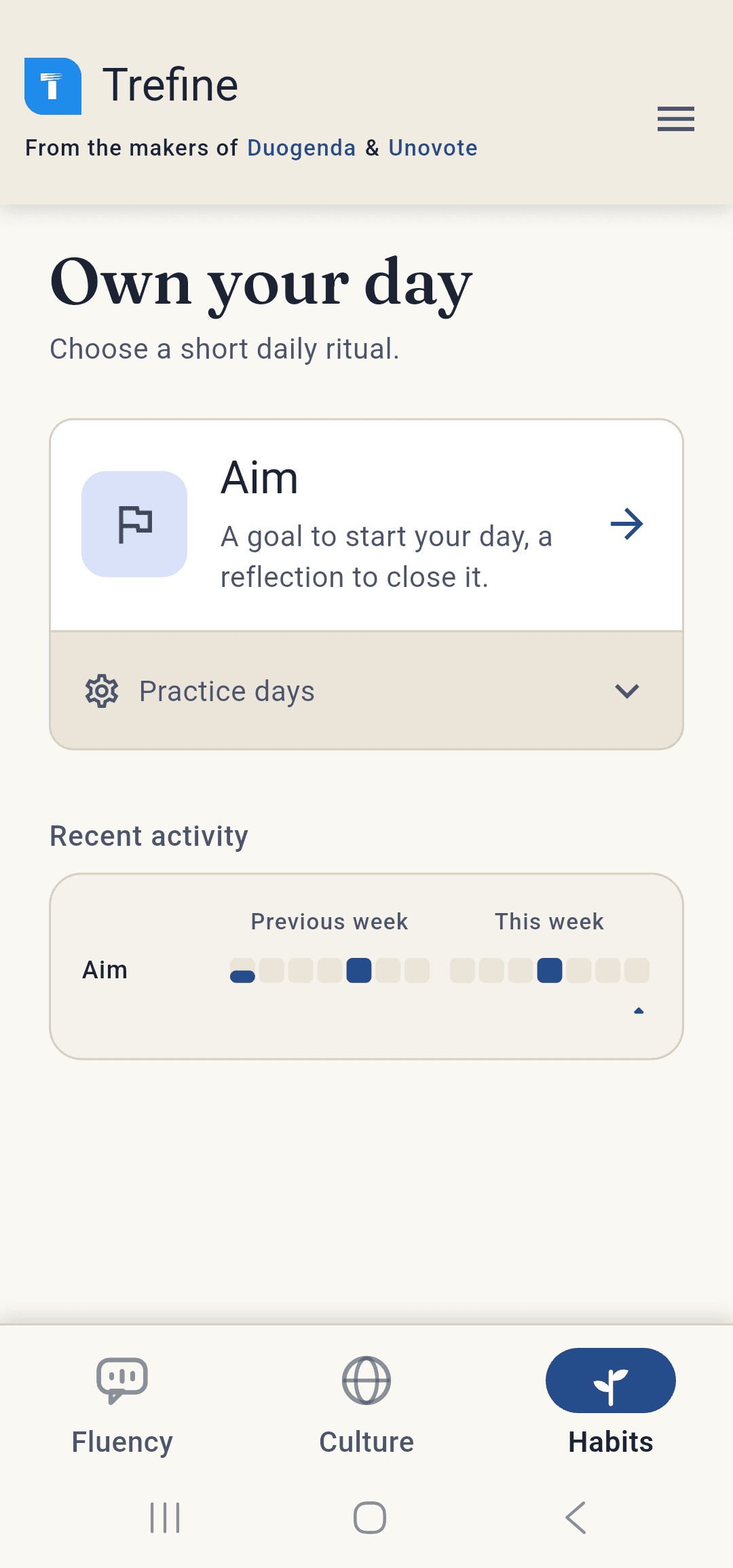 Habits hub, showing the Aim goal-and-reflection ritual and a week of practice activity